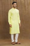 Buy_Arihant Rai Sinha_Yellow Soft Self Print Art Silk Stripe Straight Kurta _at_Aza_Fashions