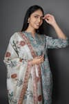 Shop_Kameez_Blue Tussar Silk Print Floral Notched Neck Flower Bloom Kurta With Dupatta _Online_at_Aza_Fashions