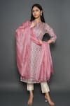 Buy_Kameez_Pink Tussar Embroidery Split V-neck Flower Butti Print Kurta With Dupatta _at_Aza_Fashions