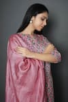 Buy_Kameez_Pink Tussar Embroidery Split V-neck Flower Butti Print Kurta With Dupatta _Online_at_Aza_Fashions