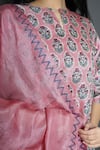 Shop_Kameez_Pink Tussar Embroidery Split V-neck Flower Butti Print Kurta With Dupatta _Online_at_Aza_Fashions