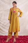 Buy_Label Niti Bothra_Yellow Silk Embroidery, Beads, Sequins V-neck Bahaar Printed Kurta With Palazzo _at_Aza_Fashions