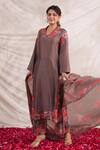 Shop_Label Niti Bothra_Brown Silk Embroidery, Beads, Sequins V-neck Bahaar Printed Kurta Palazzo Set _at_Aza_Fashions