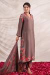 Buy_Label Niti Bothra_Brown Silk Embroidery, Beads, Sequins V-neck Bahaar Printed Kurta Palazzo Set 