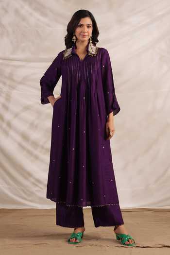 Buy_Label Niti Bothra_Purple Silk Sequins Collared Pankh Embroidered Anarkali With Palazzo _at_Aza_Fashions