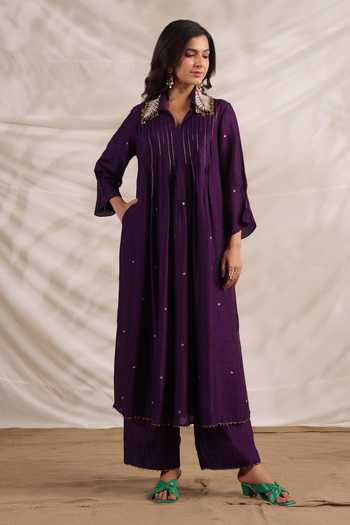 Shop_Label Niti Bothra_Purple Silk Sequins Collared Pankh Embroidered Anarkali With Palazzo _at_Aza_Fashions