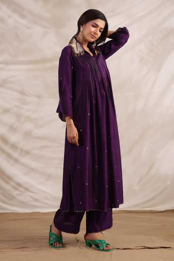 Label Niti Bothra_Purple Silk Sequins Collared Pankh Embroidered Anarkali With Palazzo _Online_at_Aza_Fashions