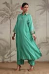 Label Niti Bothra_Green Silk Sequins, Beads Collared Roselyn Work Kurta And Palazzo Set _Online_at_Aza_Fashions