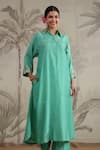 Buy_Label Niti Bothra_Green Silk Sequins, Beads Collared Roselyn Work Kurta And Palazzo Set _Online_at_Aza_Fashions