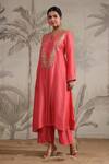Shop_Label Niti Bothra_Pink Silk Sequins, Beads Round Neck Roselyn Embroidered Yoke Kurta And Palazzo Set _Online_at_Aza_Fashions