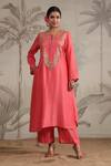 Buy_Label Niti Bothra_Pink Silk Sequins, Beads Round Neck Roselyn Embroidered Yoke Kurta And Palazzo Set _at_Aza_Fashions
