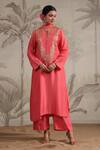 Label Niti Bothra_Pink Silk Sequins, Beads Round Neck Roselyn Embroidered Yoke Kurta And Palazzo Set _at_Aza_Fashions