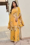 Palak & Mehak_Yellow Pure Crepe Printed Floral Cape Open Aravali Palazzo Set _Online_at_Aza_Fashions