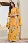 Shop_Palak & Mehak_Yellow Pure Crepe Printed Floral Cape Open Aravali Palazzo Set _Online_at_Aza_Fashions