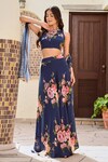 Palak & Mehak_Blue Pure Crepe Printed Botanical Round Disha Lehenga Set _at_Aza_Fashions