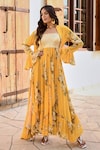 Buy_Palak & Mehak_Yellow Pure Crepe Printed Floral Dress Square Ifat With Jacket _at_Aza_Fashions