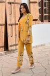 Palak & Mehak_Yellow Pure Crepe Printed Botanical Blazer Notched Lisa And Pant Set _Online_at_Aza_Fashions