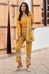 Buy_Palak & Mehak_Yellow Pure Crepe Printed Botanical Blazer Notched Lisa And Pant Set _Online_at_Aza_Fashions