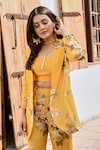 Buy_Palak & Mehak_Yellow Pure Crepe Printed Botanical Blazer Notched Lisa And Pant Set 