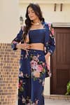 Palak & Mehak_Blue Pure Crepe Printed Botanical Blazer Lisa Flower And Pant Set _at_Aza_Fashions