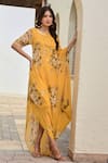 Palak & Mehak_Yellow Pure Crepe Printed Floral Round Ziva Cowl Dress _Online_at_Aza_Fashions