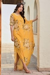 Buy_Palak & Mehak_Yellow Pure Crepe Printed Floral Round Ziva Cowl Dress _Online_at_Aza_Fashions