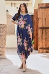 Buy_Palak & Mehak_Blue Pure Crepe Printed Botanical Round Ziva Cowl Dress _Online_at_Aza_Fashions