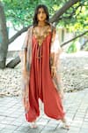 Buy_Nikita Vishakha_Brown Net Floral Jumpsuit V-neck Charm Embellished With Cape _at_Aza_Fashions