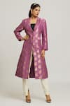 Buy_Peenacolada_Purple Woven Silk Brocade Embroidered Lapel Collar Long Coat _at_Aza_Fashions