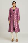 Peenacolada_Purple Woven Silk Brocade Embroidered Lapel Collar Long Coat _Online_at_Aza_Fashions