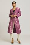 Shop_Peenacolada_Purple Woven Silk Brocade Embroidered Lapel Collar Long Coat _Online_at_Aza_Fashions