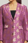 Peenacolada_Purple Woven Silk Brocade Embroidered Lapel Collar Long Coat _at_Aza_Fashions