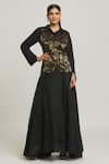 Buy_Peenacolada_Black Silk Collared Brocade Waistcoat Skirt Set_at_Aza_Fashions