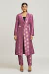 Peenacolada_Purple Woven Silk Brocade Lapel Collar Long Blazer And Pant Set _Online_at_Aza_Fashions