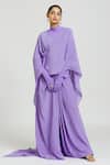 Buy_Huemn_Purple 100% Silk Crepe Plain V Cross Drape Pallu Pant Saree _Online_at_Aza_Fashions
