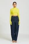 Huemn_Yellow 100% Cotton Hosiery Plain Turtle Neck Gloved Sleeves Crop Top  _Online_at_Aza_Fashions