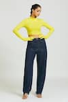 Shop_Huemn_Yellow 100% Cotton Hosiery Plain Turtle Neck Gloved Sleeves Crop Top  _Online_at_Aza_Fashions