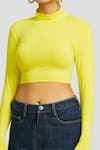 Huemn_Yellow 100% Cotton Hosiery Plain Turtle Neck Gloved Sleeves Crop Top  _at_Aza_Fashions