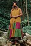 Buy_Mantra_Yellow Cotton, Muslin Patchwork Keyhole Neck Liberty Print Work Dress _at_Aza_Fashions