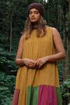 Mantra_Yellow Cotton, Muslin Patchwork Keyhole Neck Liberty Print Work Dress _Online_at_Aza_Fashions
