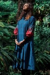 Mantra_Blue Handloom Cotton, Maheshwari Patchwork Kingfisher Handwoven A-line Dress _Online_at_Aza_Fashions
