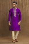 Buy_Arihant Rai Sinha_Magenta Art Banarasi Silk Embroidered Thread Floral Swirl Kurta With Churidar _at_Aza_Fashions