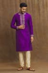 Buy_Arihant Rai Sinha_Magenta Art Banarasi Silk Embroidered Thread Floral Swirl Kurta With Churidar _Online_at_Aza_Fashions