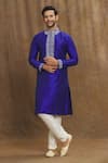 Buy_Arihant Rai Sinha_Blue Brocade, Silk Embroidery Paisley Threadwork Straight Kurta _Online_at_Aza_Fashions