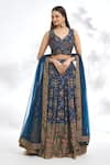 Buy_Samyukta Singhania_Blue Chinon Silk Digital Printed Abstract Leaf Neck Blouse Lehenga Set _at_Aza_Fashions