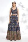 Buy_Samyukta Singhania_Blue Chinon Silk Digital Printed Abstract Leaf Neck Blouse Lehenga Set _Online_at_Aza_Fashions