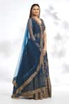 Shop_Samyukta Singhania_Blue Chinon Silk Digital Printed Abstract Leaf Neck Blouse Lehenga Set _Online_at_Aza_Fashions