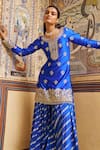 LASHKARAA_Blue Brocade Embroidery Thread Notched Neck Floral Embellished Kurta Sharara Set _Online_at_Aza_Fashions