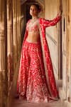 Buy_LASHKARAA_Red Brocade Embroidery Thread Top V Neck Floral Pattern Jacket Sharara Set_at_Aza_Fashions