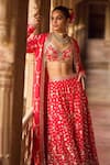 LASHKARAA_Red Brocade Embroidery Thread Top V Neck Floral Pattern Jacket Sharara Set_Online_at_Aza_Fashions